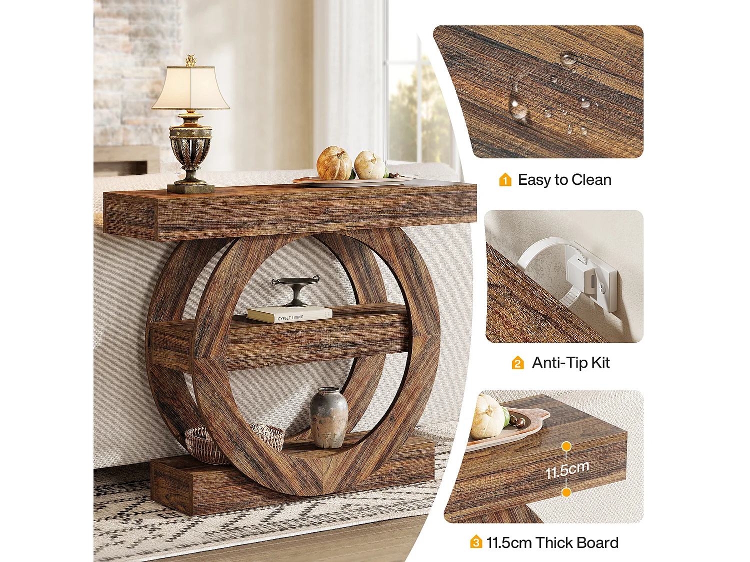 Rustieke smalle entreetafel met 3 lagen en opbergplanken, 105 cm salontafel achter de bank