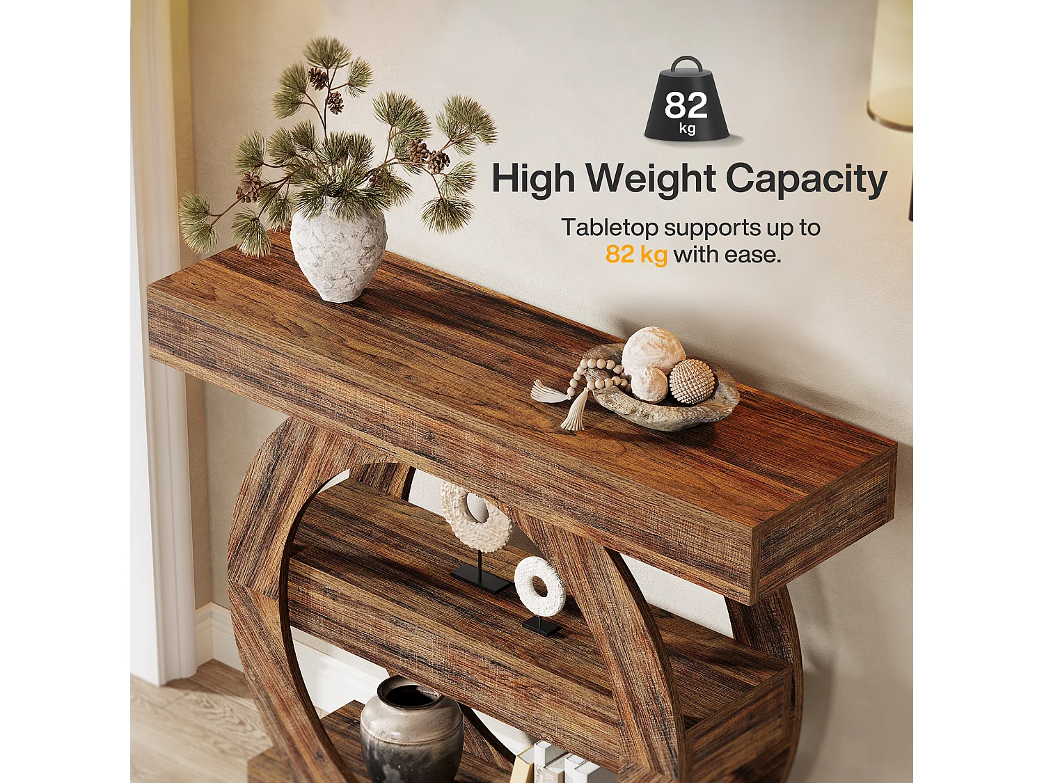 Rustieke smalle entreetafel met 3 lagen en opbergplanken, 105 cm salontafel achter de bank