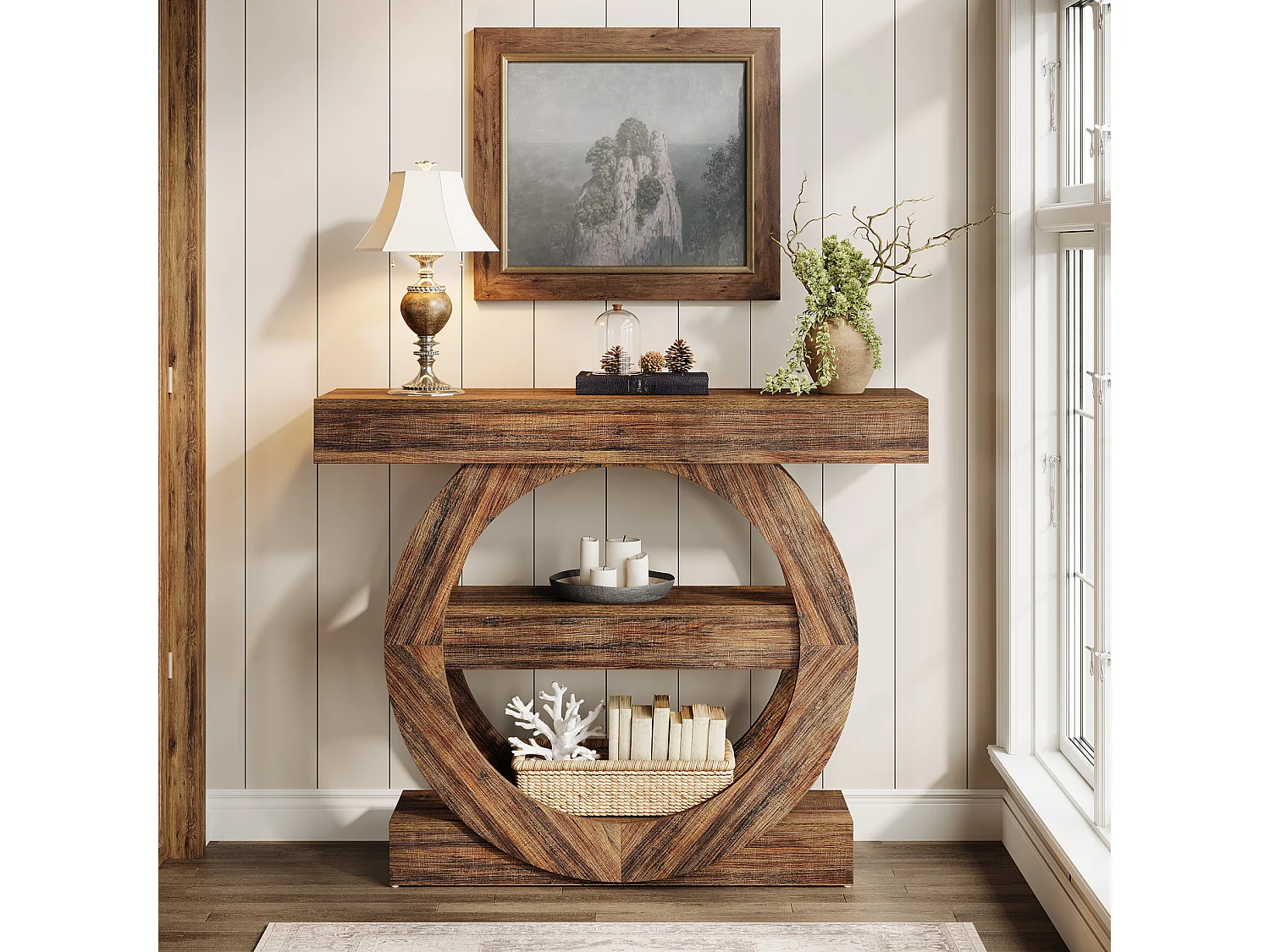 Rustieke smalle entreetafel met 3 lagen en opbergplanken, 105 cm salontafel achter de bank