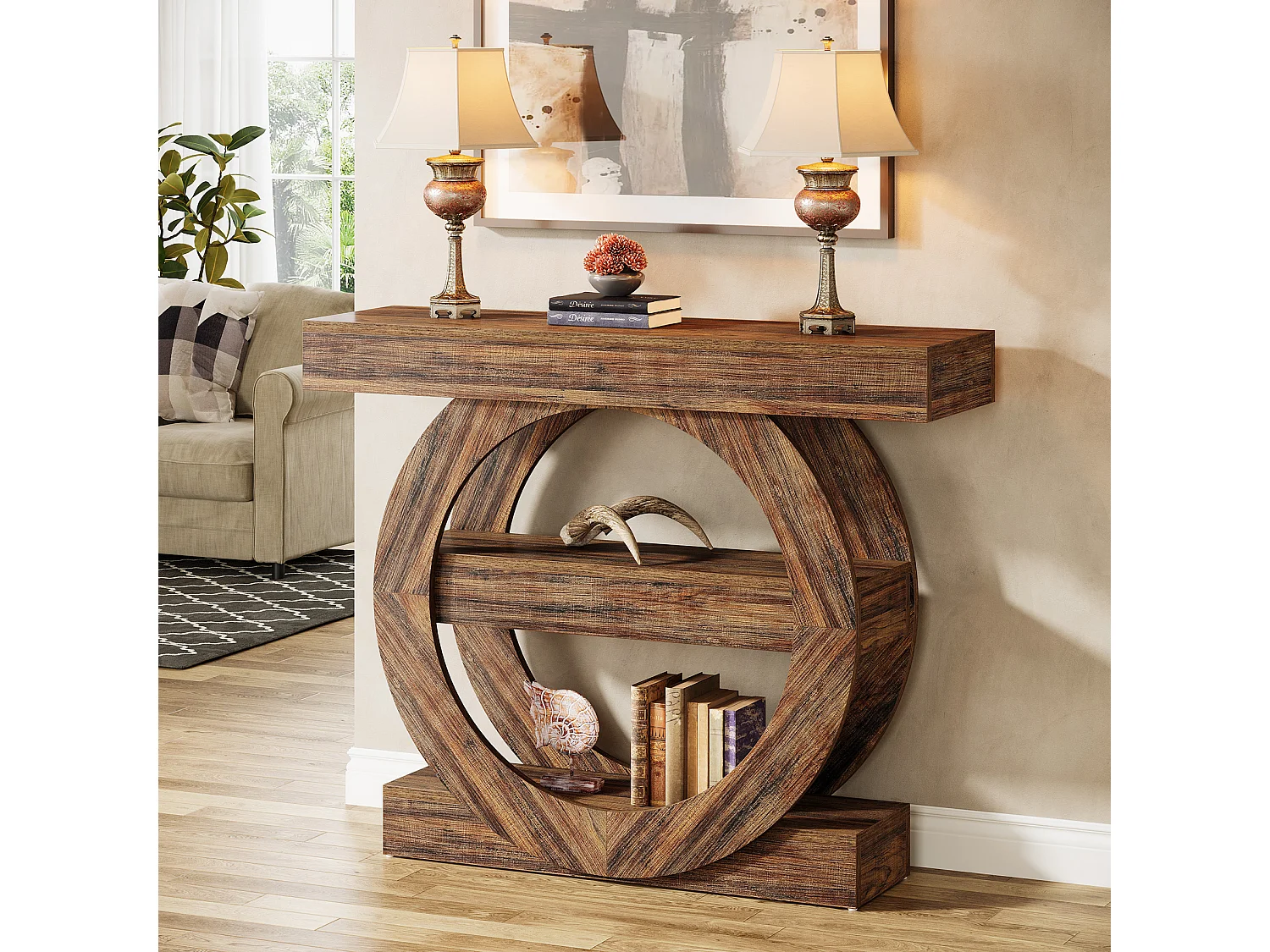 Rustieke smalle entreetafel met 3 lagen en opbergplanken, 105 cm salontafel achter de bank