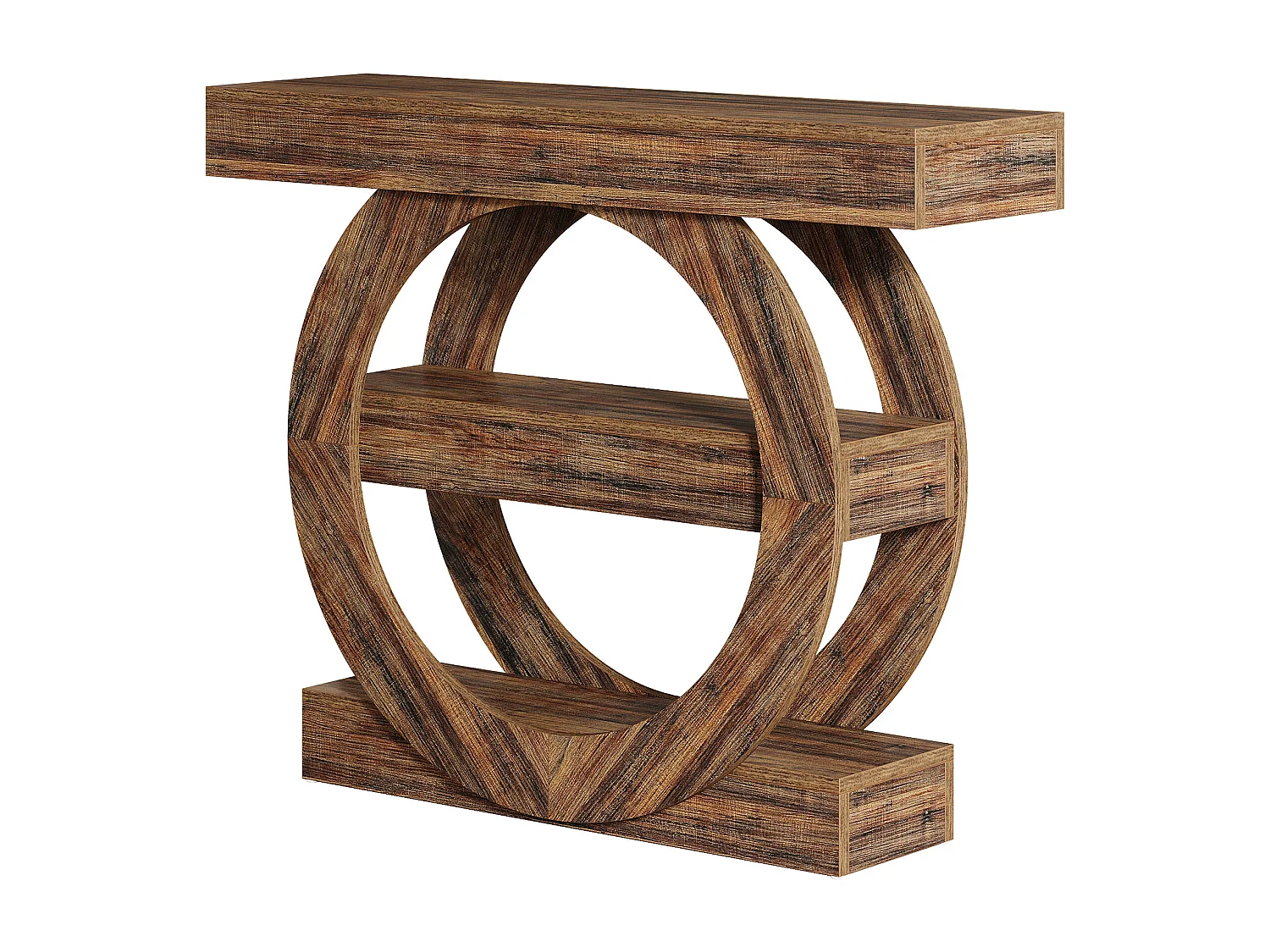 Rustieke smalle entreetafel met 3 lagen en opbergplanken, 105 cm salontafel achter de bank