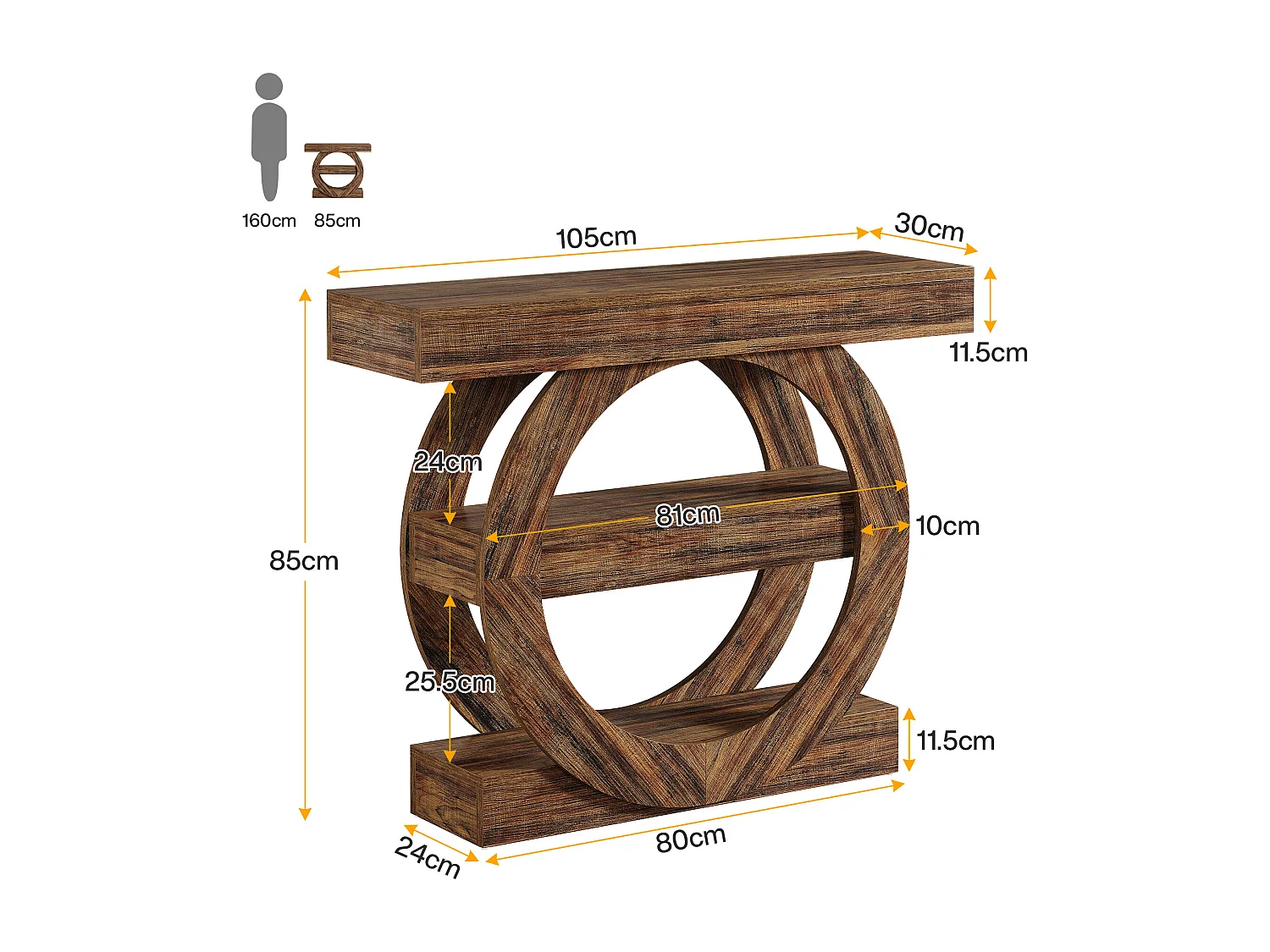 Table d'entrée étroite rustique à 3 niveaux avec étagères de rangement, table de canapé de 105 cm derrière le canapé