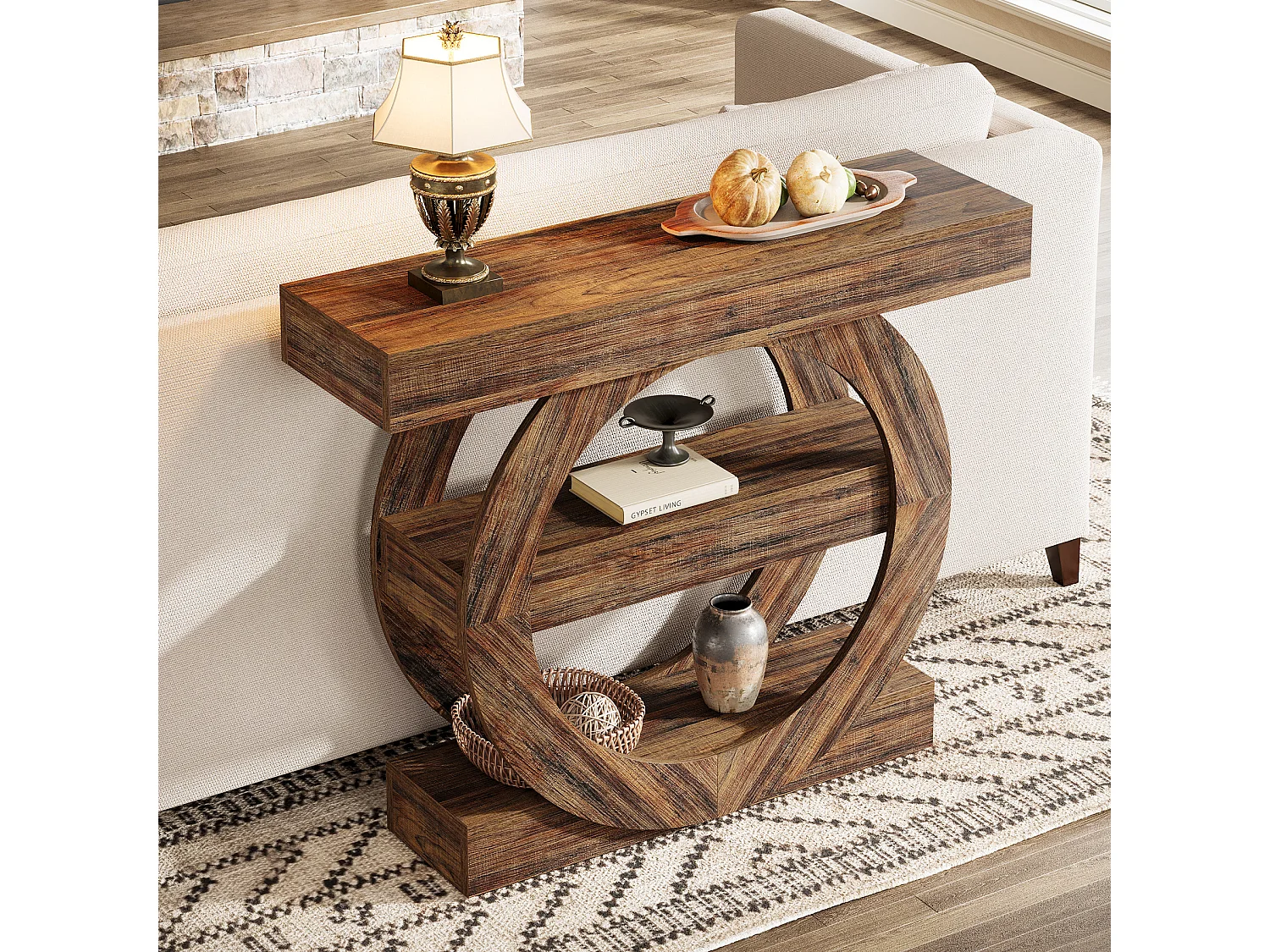 Table d'entrée étroite rustique à 3 niveaux avec étagères de rangement, table de canapé de 105 cm derrière le canapé