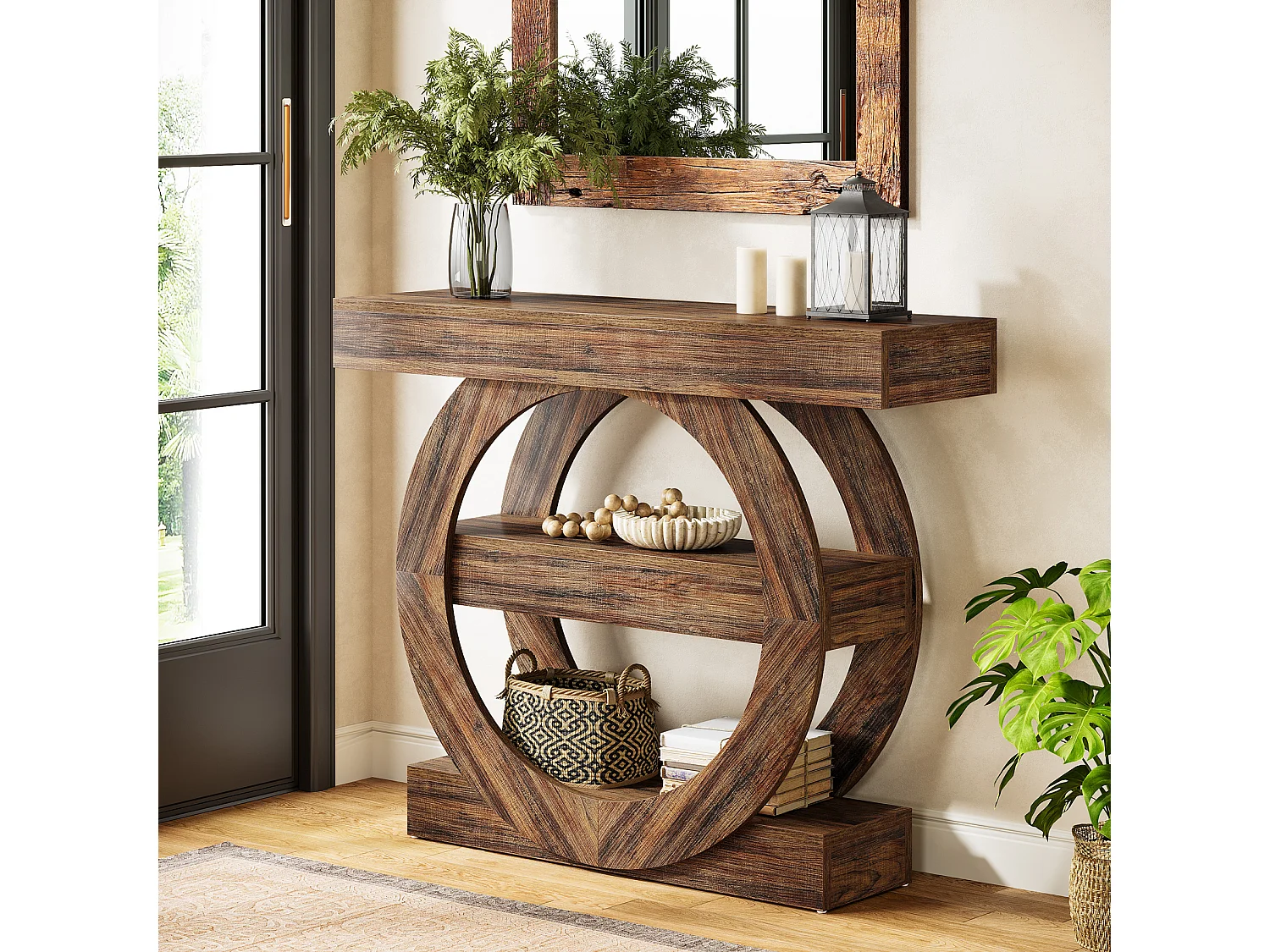 Table d'entrée étroite rustique à 3 niveaux avec étagères de rangement, table de canapé de 105 cm derrière le canapé