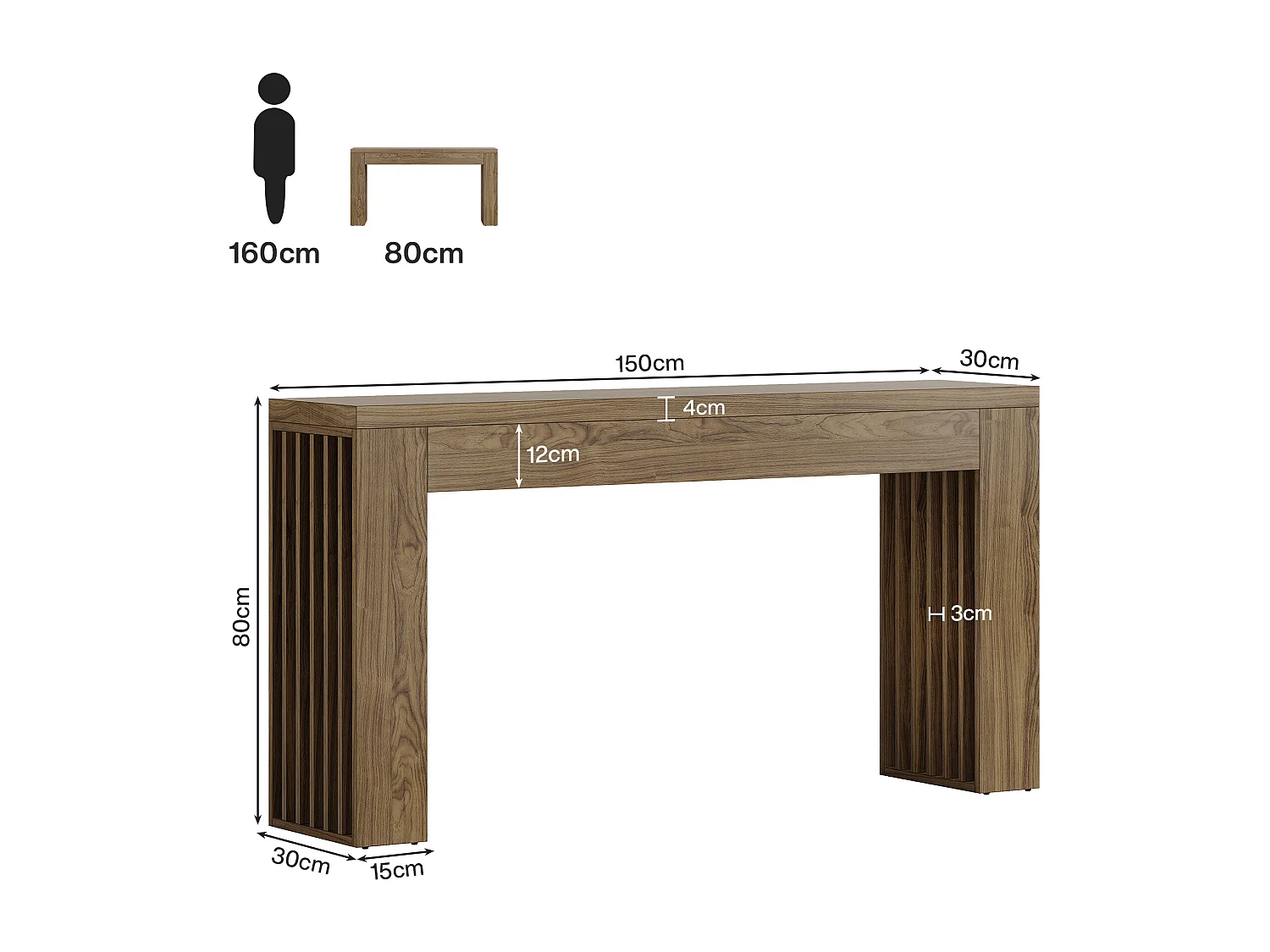 150 cm Konsole für das Wohnzimmer, Bauernhaus-Eingangstisch mit vertikal lamellierten Beinen