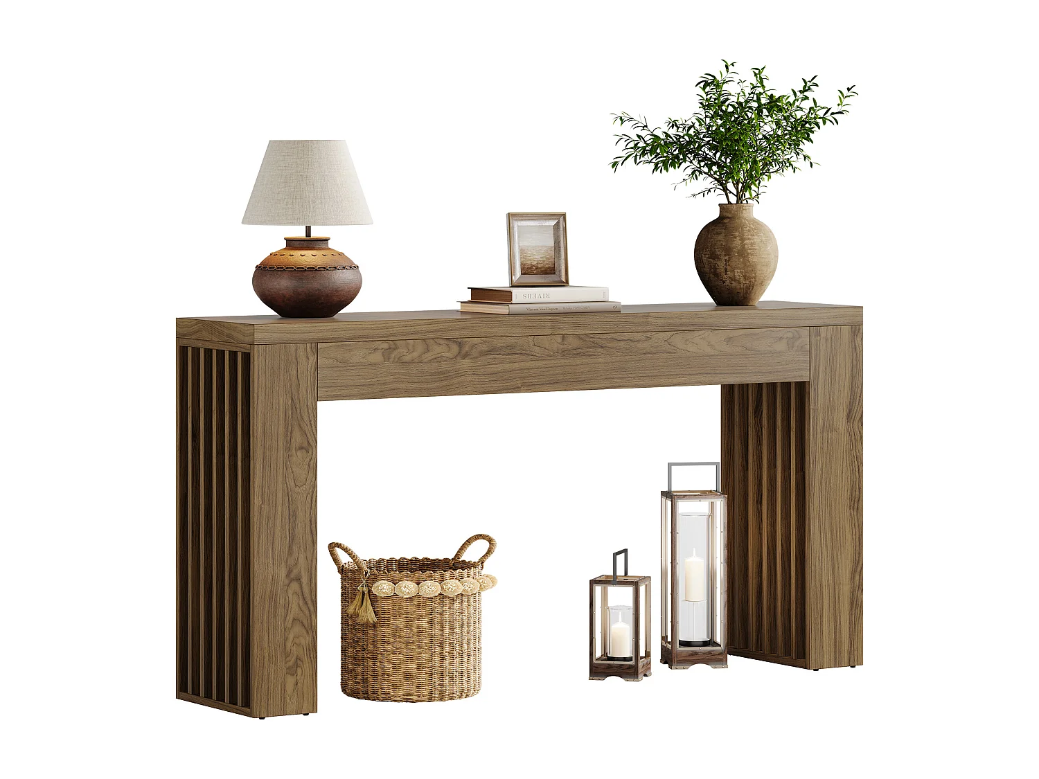 Console de salon de 150 cm, table d'entrée de style ferme avec pieds à lattes verticales