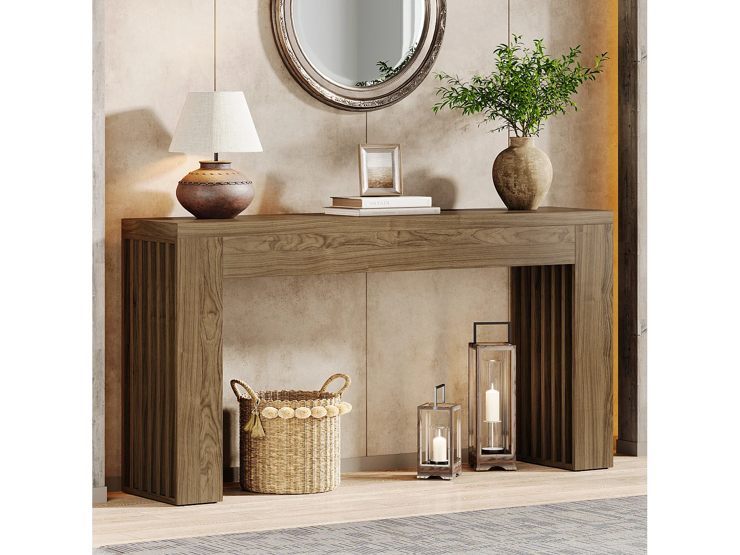 Console de salon de 150 cm, table d'entrée de style ferme avec pieds à lattes verticales