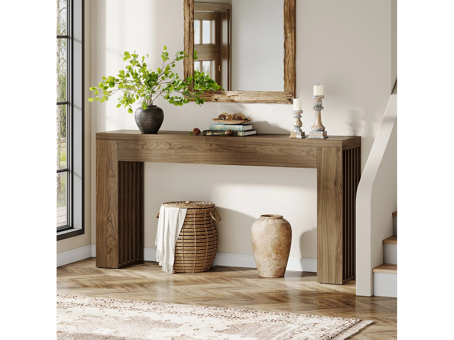 Console de salon de 150 cm, table d'entrée de style ferme avec pieds à lattes verticales