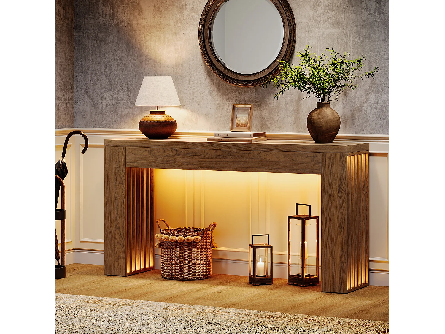 Console de salon de 150 cm, table d'entrée de style ferme avec pieds à lattes verticales