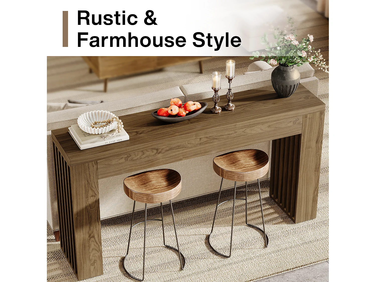 Console de salon de 150 cm, table d'entrée de style ferme avec pieds à lattes verticales