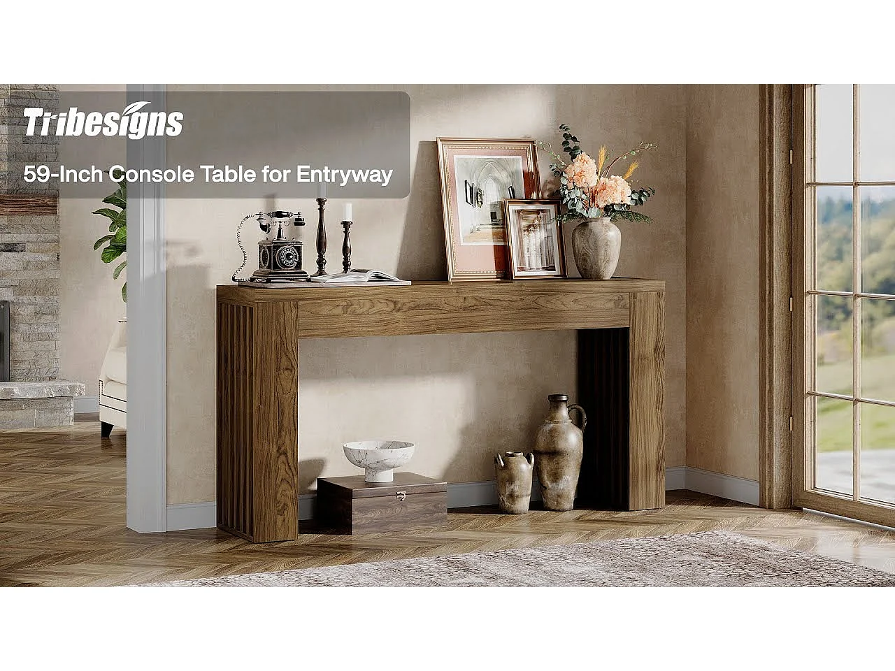 Console de salon de 150 cm, table d'entrée de style ferme avec pieds à lattes verticales