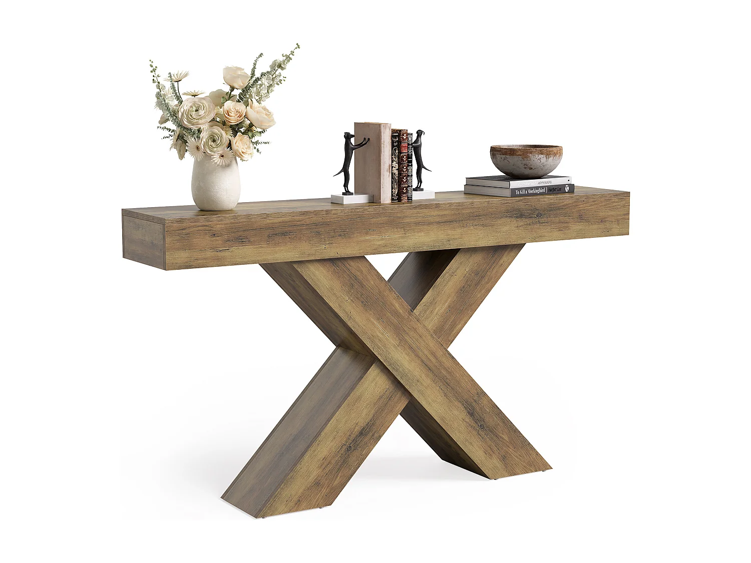 Tavolo da ingresso stretto da 140 cm con design a forma di X, tavolo da divano rustico industriale per soggiorno