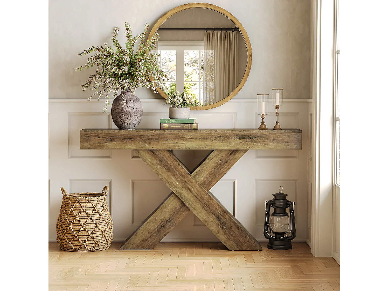 Tavolo da ingresso stretto da 140 cm con design a forma di X, tavolo da divano rustico industriale per soggiorno