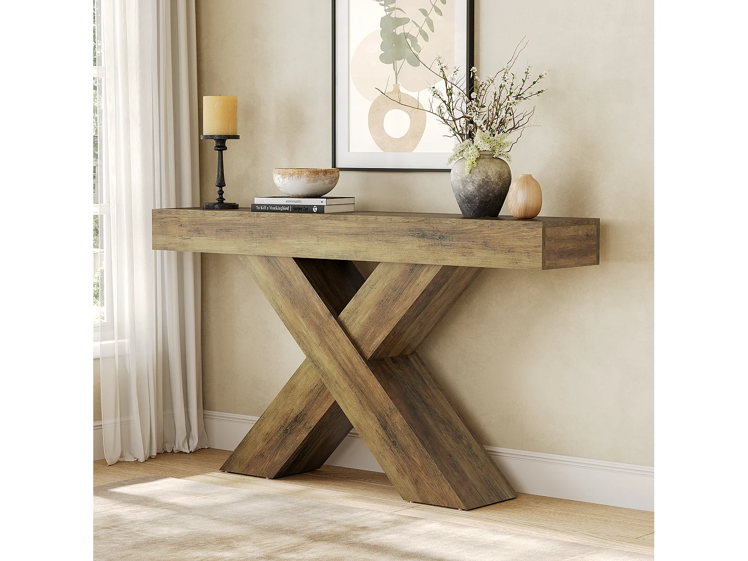 Tavolo da ingresso stretto da 140 cm con design a forma di X, tavolo da divano rustico industriale per soggiorno