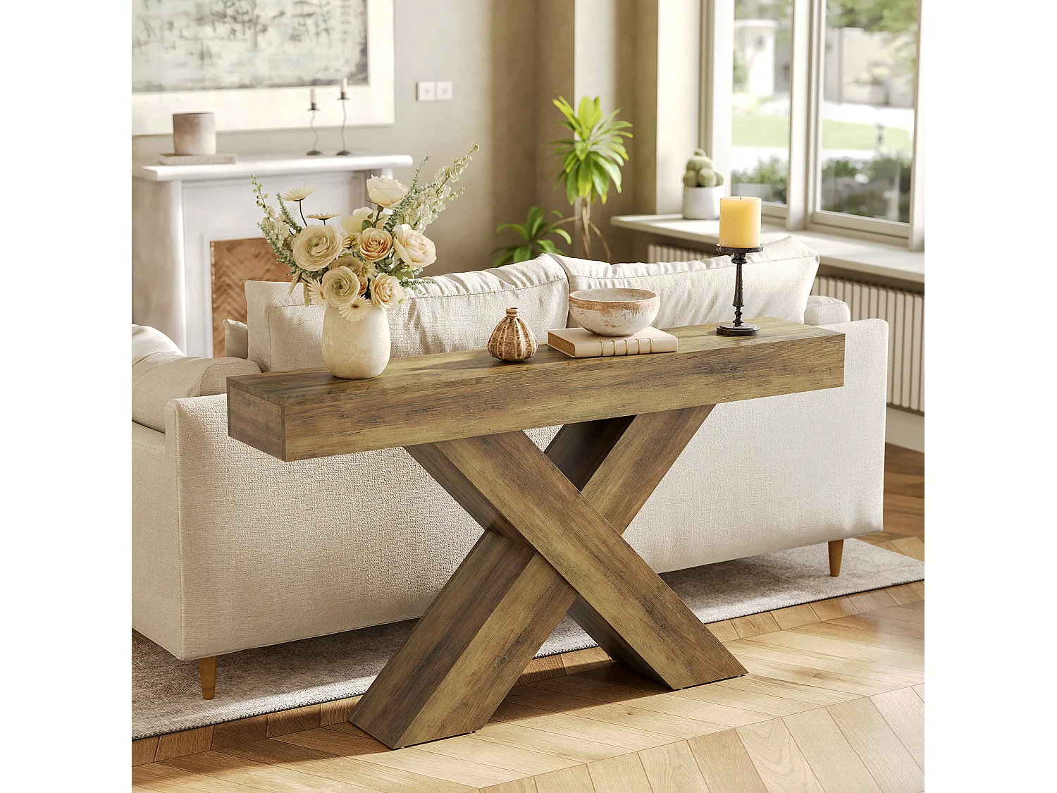 Tavolo da ingresso stretto da 140 cm con design a forma di X, tavolo da divano rustico industriale per soggiorno