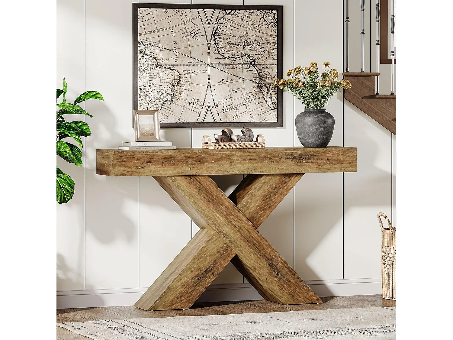 Tavolo da ingresso stretto da 140 cm con design a forma di X, tavolo da divano rustico industriale per soggiorno