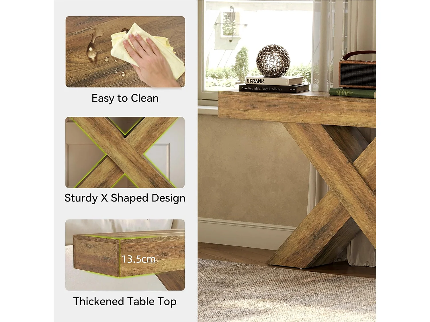 Tavolo da ingresso stretto da 140 cm con design a forma di X, tavolo da divano rustico industriale per soggiorno