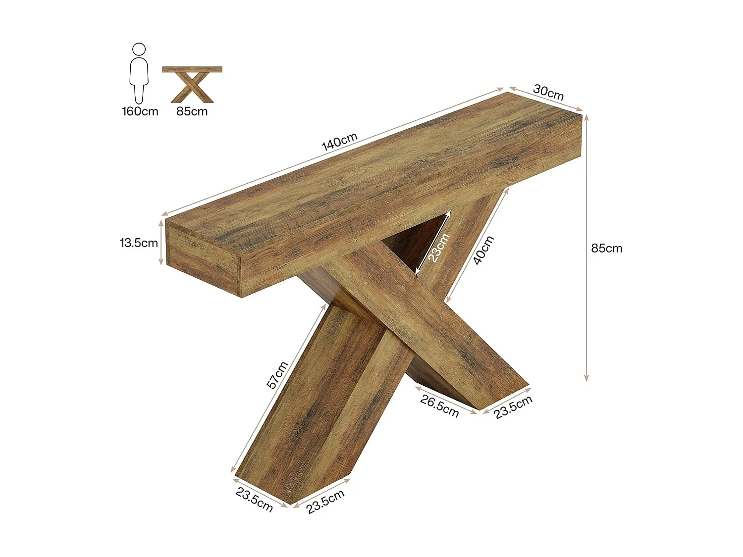 Table d'entrée étroite de 140 cm avec design en X, table de canapé industrielle rustique pour salon