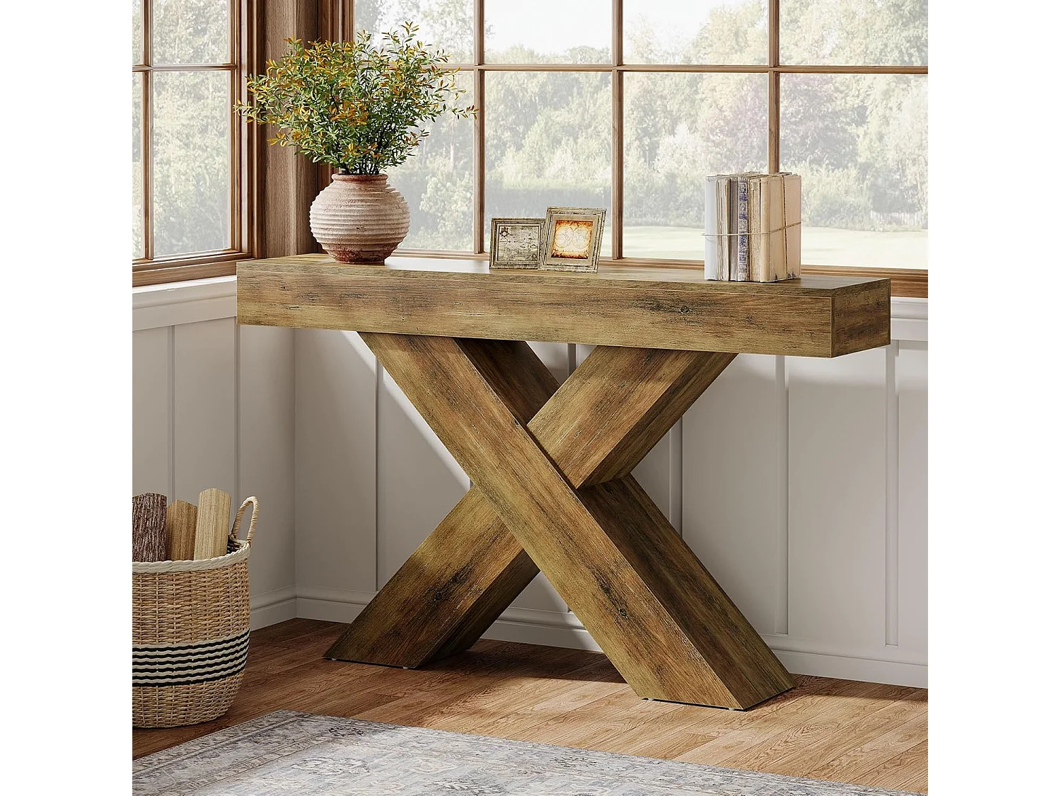 Table d'entrée étroite de 140 cm avec design en X, table de canapé industrielle rustique pour salon