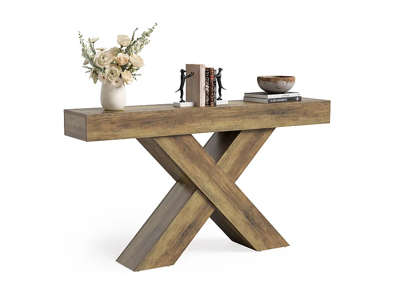 Tavolo da ingresso stretto da 140 cm con design a forma di X, tavolo da divano rustico industriale per soggiorno
