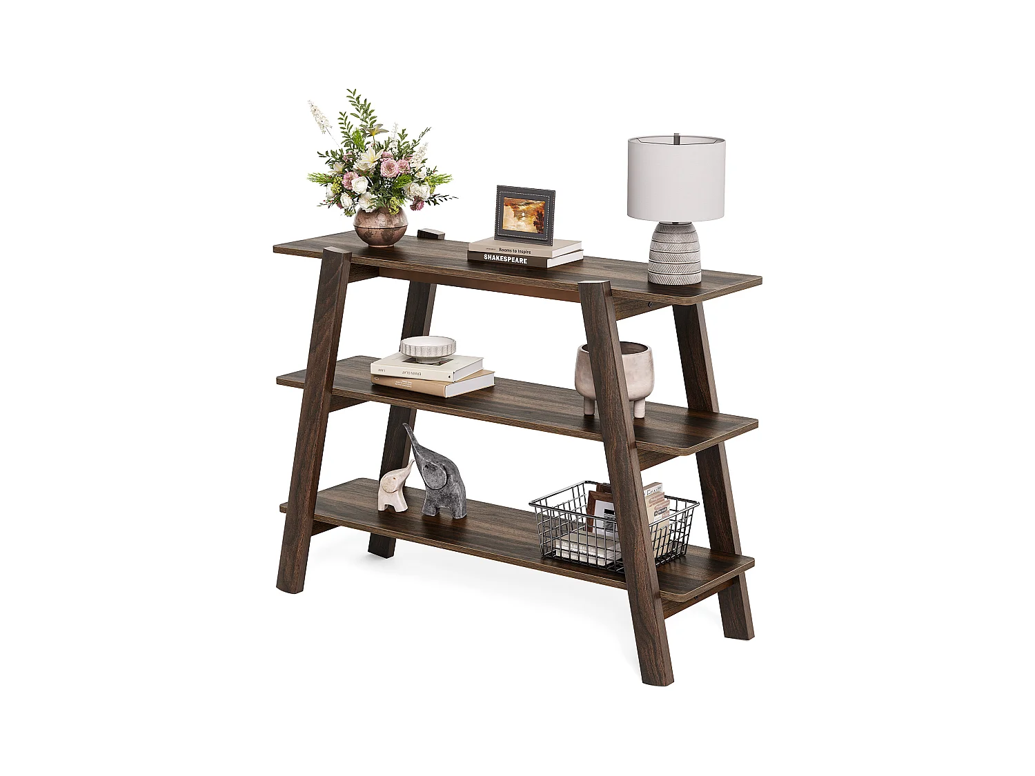 Table console d'entrée de 105 cm, table de canapé à 3 niveaux, étroite et longue avec étagères de rangement ouvertes