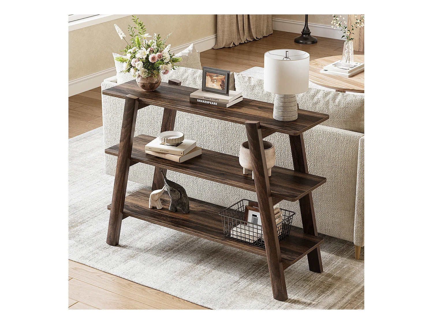 Table console d'entrée de 105 cm, table de canapé à 3 niveaux, étroite et longue avec étagères de rangement ouvertes