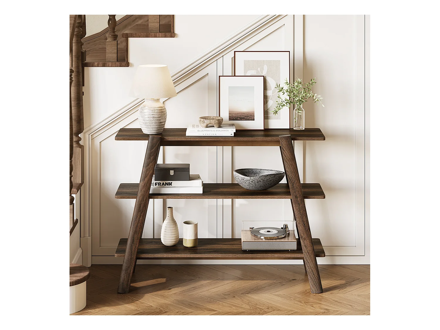 Table console d'entrée de 105 cm, table de canapé à 3 niveaux, étroite et longue avec étagères de rangement ouvertes