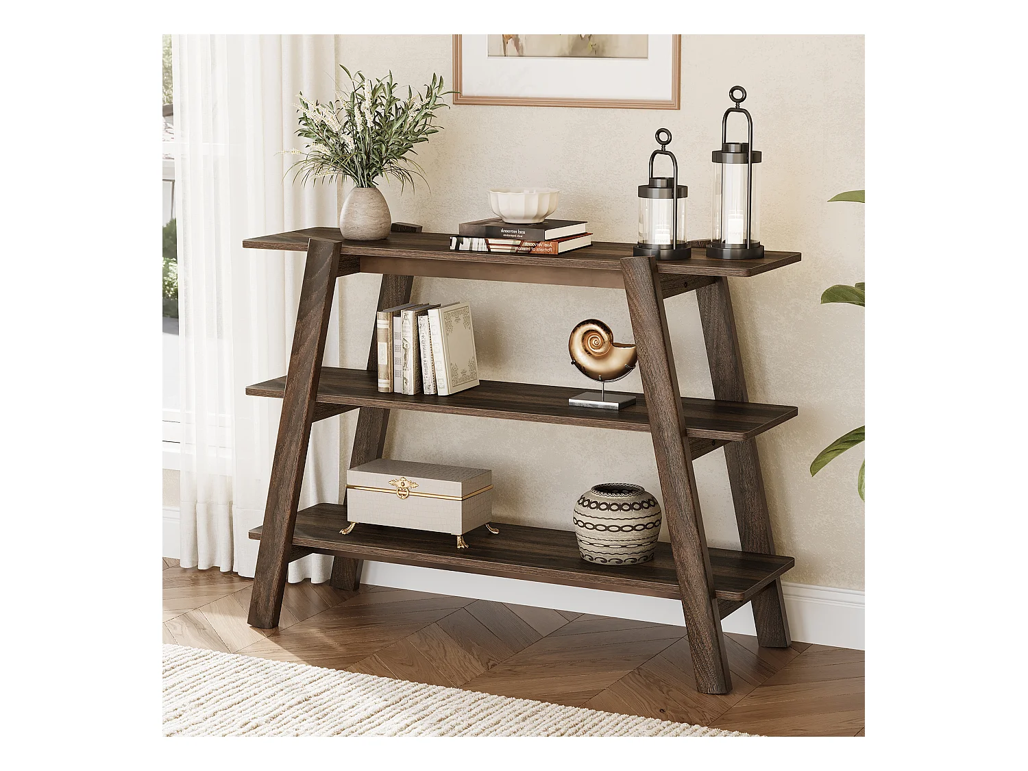 Table console d'entrée de 105 cm, table de canapé à 3 niveaux, étroite et longue avec étagères de rangement ouvertes