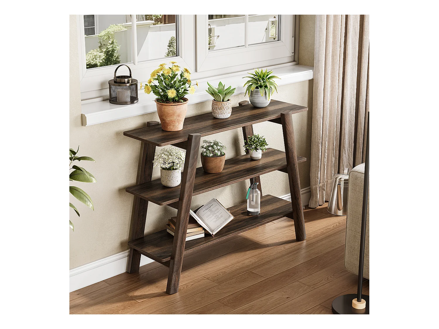 Table console d'entrée de 105 cm, table de canapé à 3 niveaux, étroite et longue avec étagères de rangement ouvertes