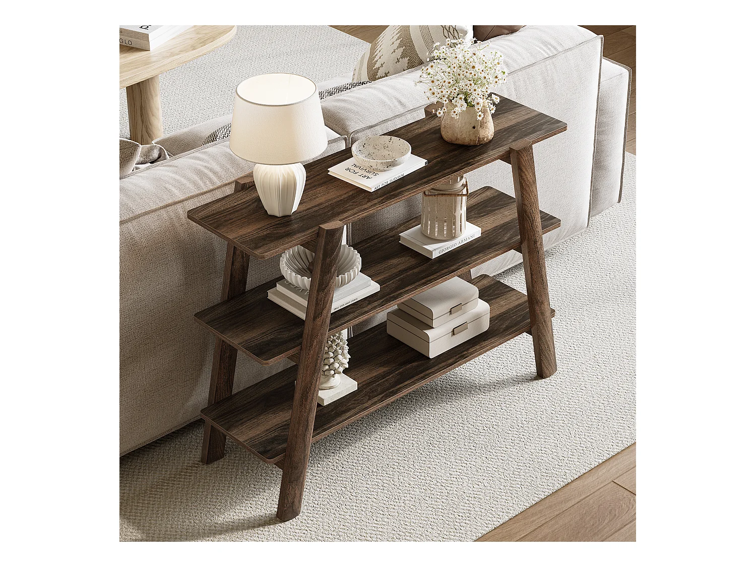 Table console d'entrée de 105 cm, table de canapé à 3 niveaux, étroite et longue avec étagères de rangement ouvertes