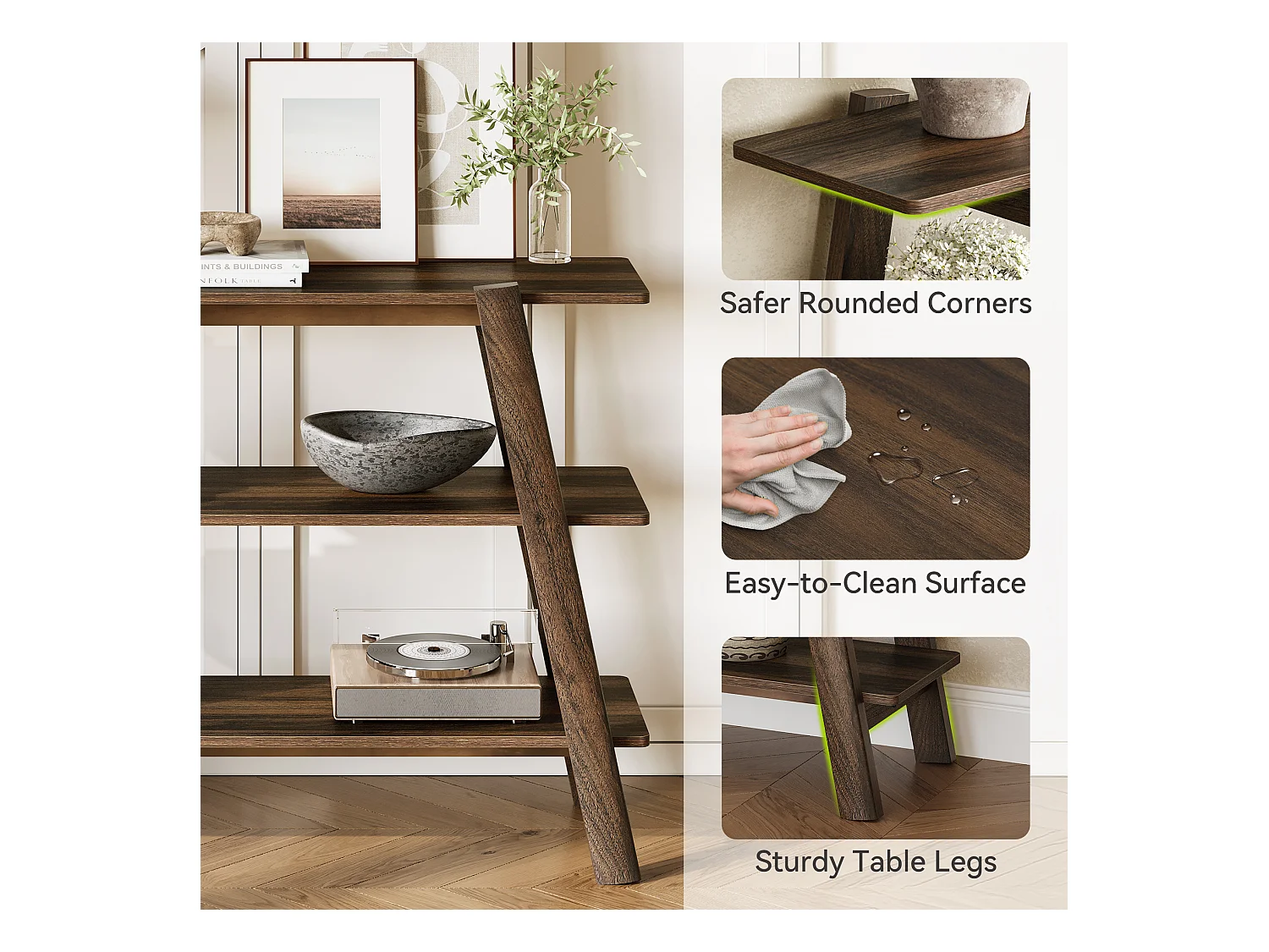 Table console d'entrée de 105 cm, table de canapé à 3 niveaux, étroite et longue avec étagères de rangement ouvertes