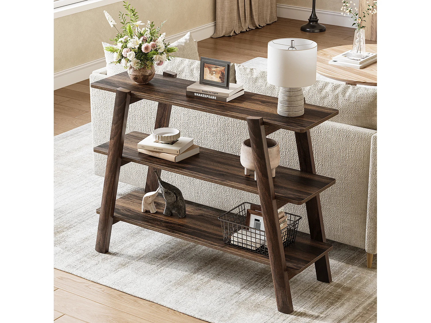 Table console d'entrée de 105 cm, table de canapé à 3 niveaux, étroite et longue avec étagères de rangement ouvertes