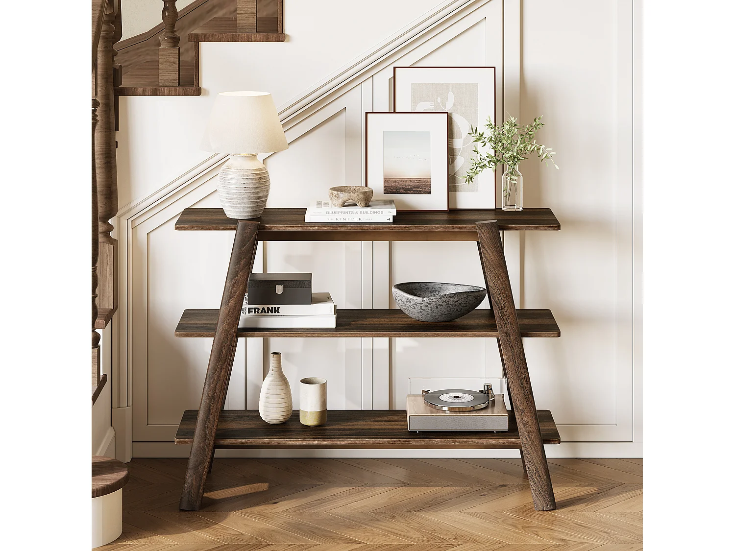 Table console d'entrée de 105 cm, table de canapé à 3 niveaux, étroite et longue avec étagères de rangement ouvertes