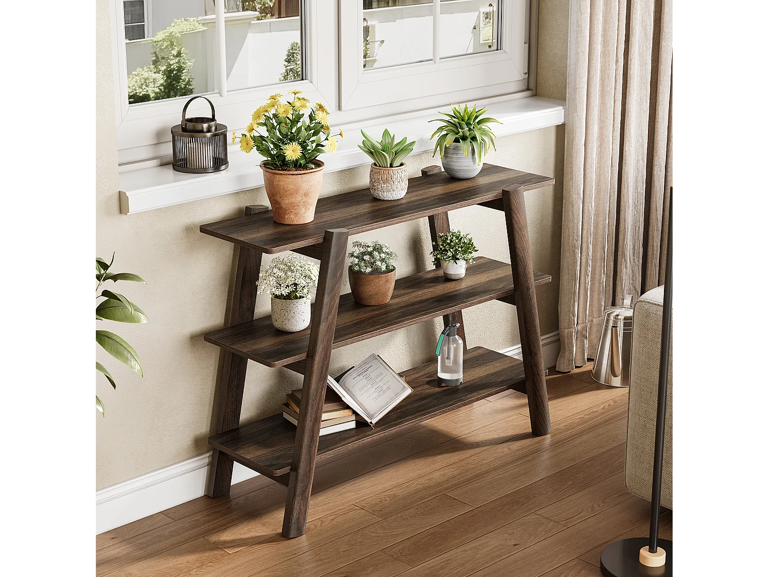 Table console d'entrée de 105 cm, table de canapé à 3 niveaux, étroite et longue avec étagères de rangement ouvertes