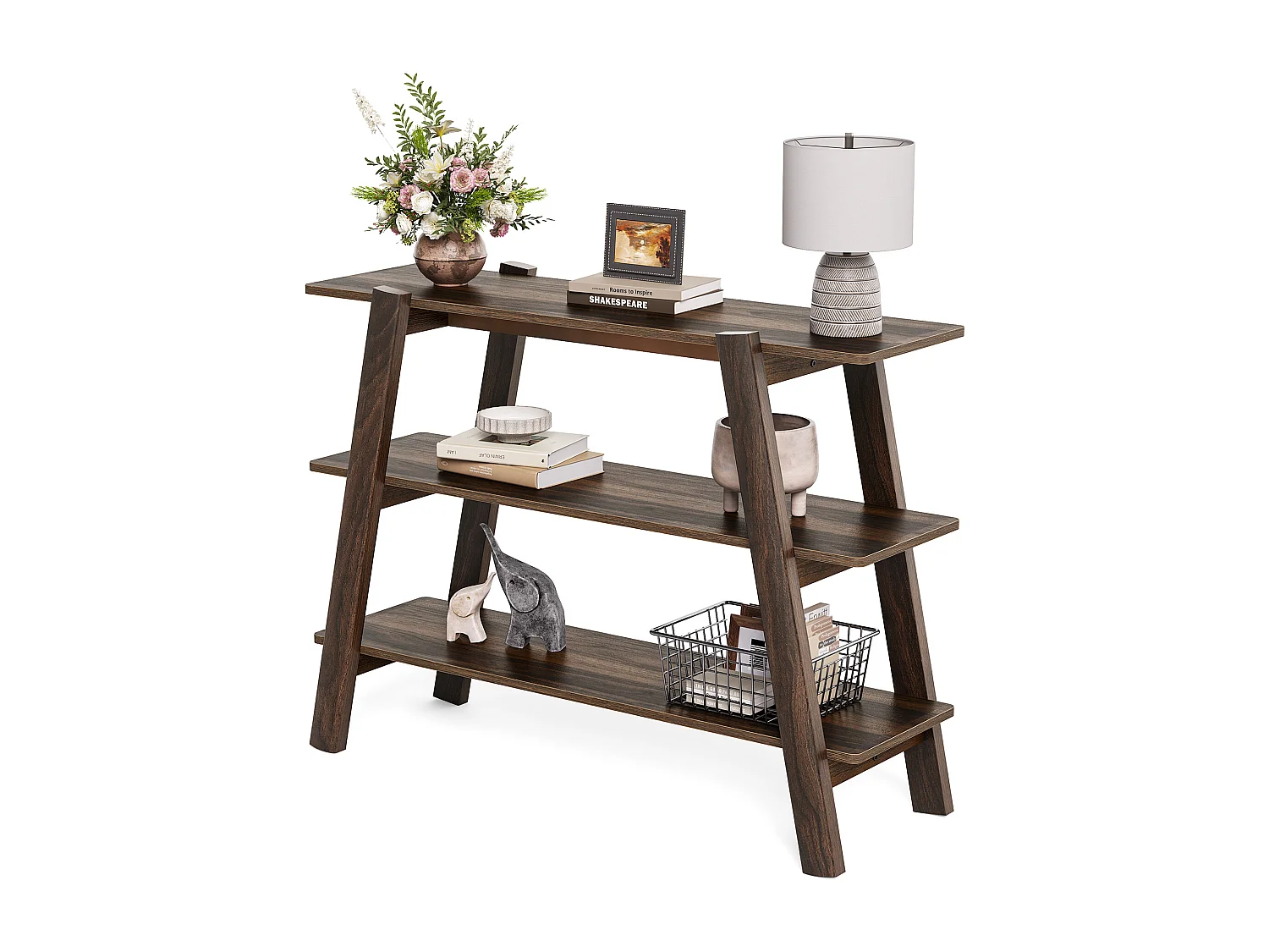 Table console d'entrée de 105 cm, table de canapé à 3 niveaux, étroite et longue avec étagères de rangement ouvertes