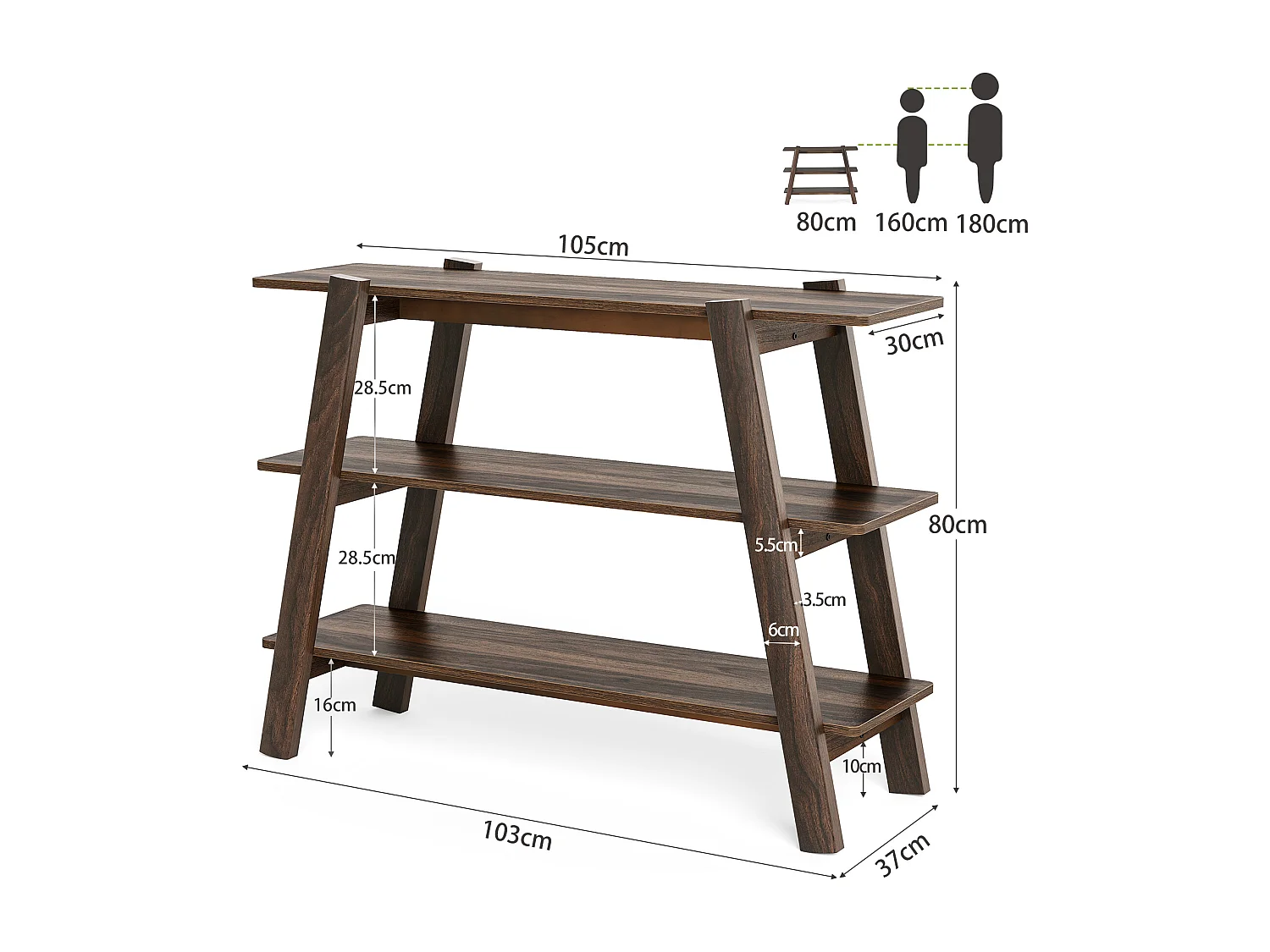 Table console d'entrée de 105 cm, table de canapé à 3 niveaux, étroite et longue avec étagères de rangement ouvertes