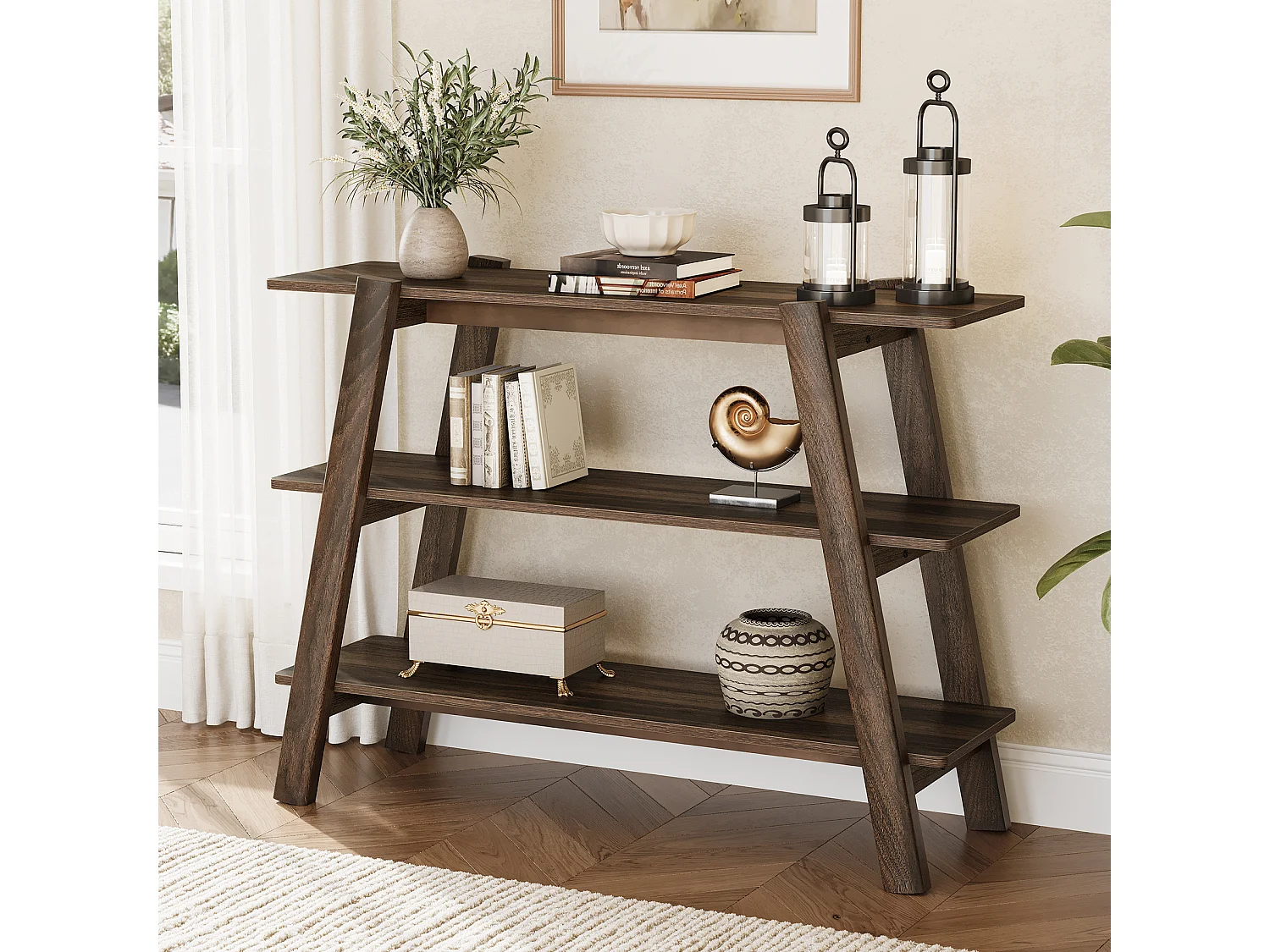 Table console d'entrée de 105 cm, table de canapé à 3 niveaux, étroite et longue avec étagères de rangement ouvertes