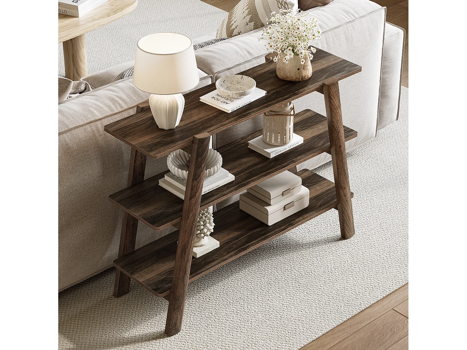 Table console d'entrée de 105 cm, table de canapé à 3 niveaux, étroite et longue avec étagères de rangement ouvertes