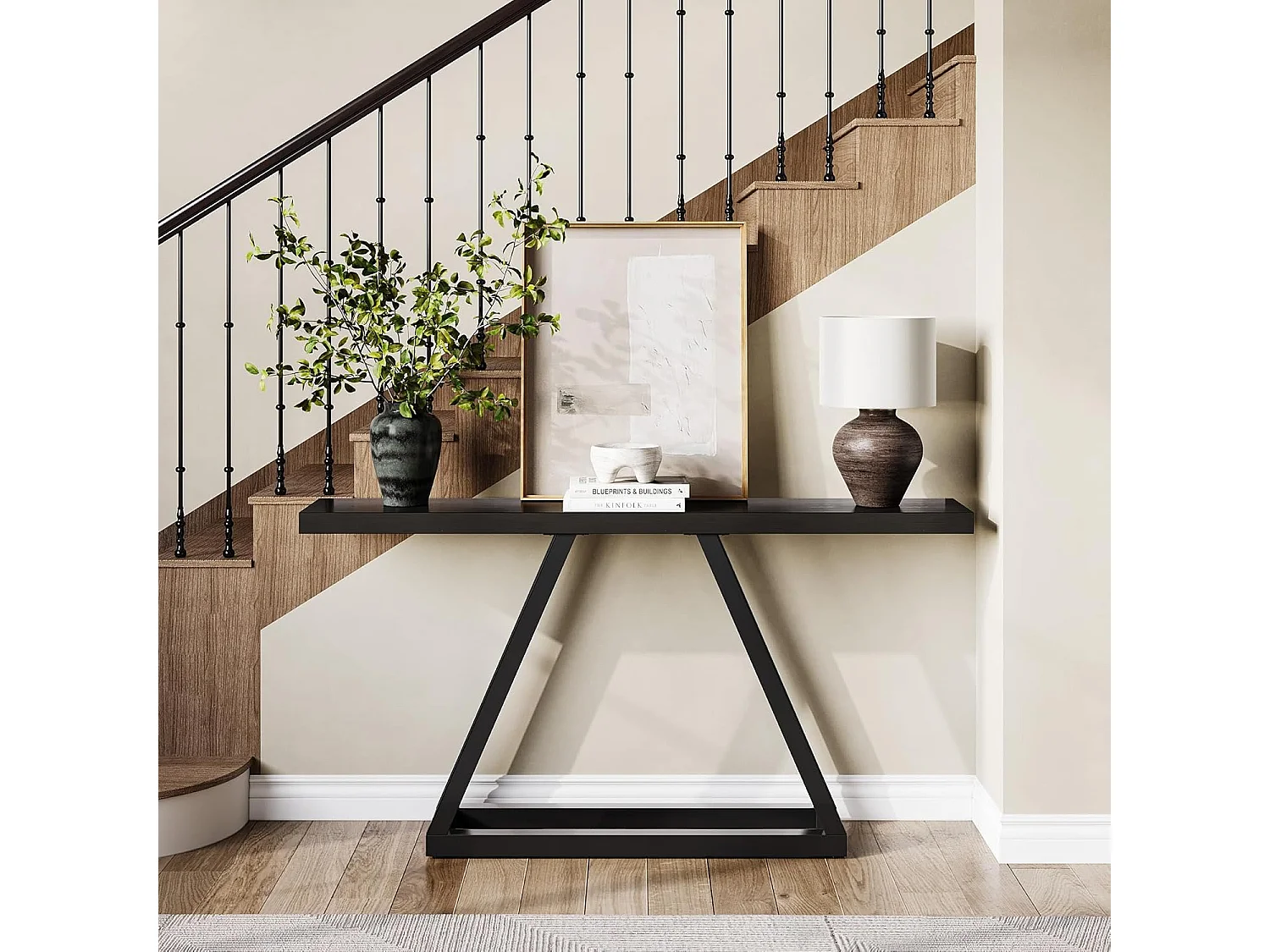 Tavolo consolle stretto da 160 cm, tavolino lungo dietro il divano per ingresso, corridoio, soggiorno, nero