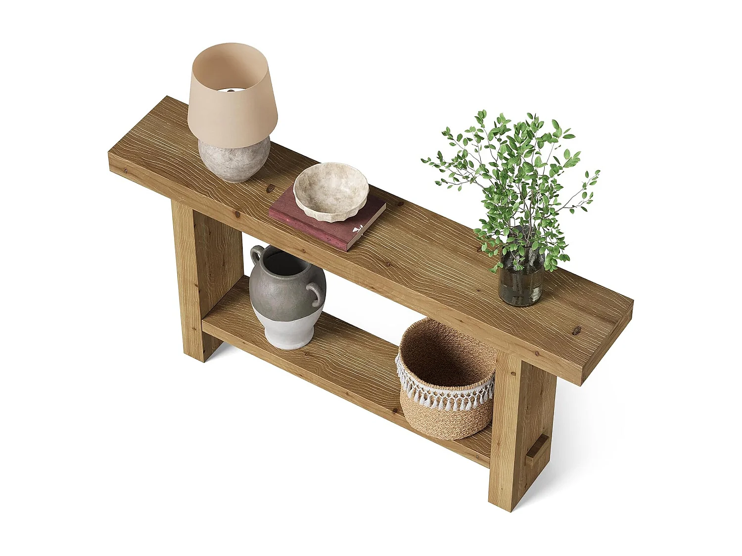 Table console en bois massif de 160 cm, table d'entrée étroite à 2 niveaux pour couloir, entrée