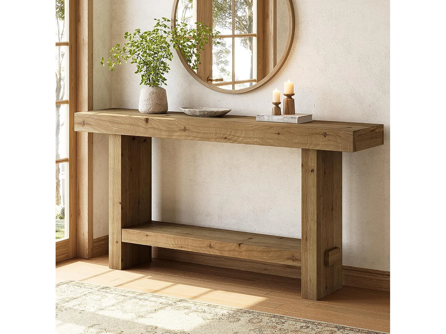 Table console en bois massif de 160 cm, table d'entrée étroite à 2 niveaux pour couloir, entrée