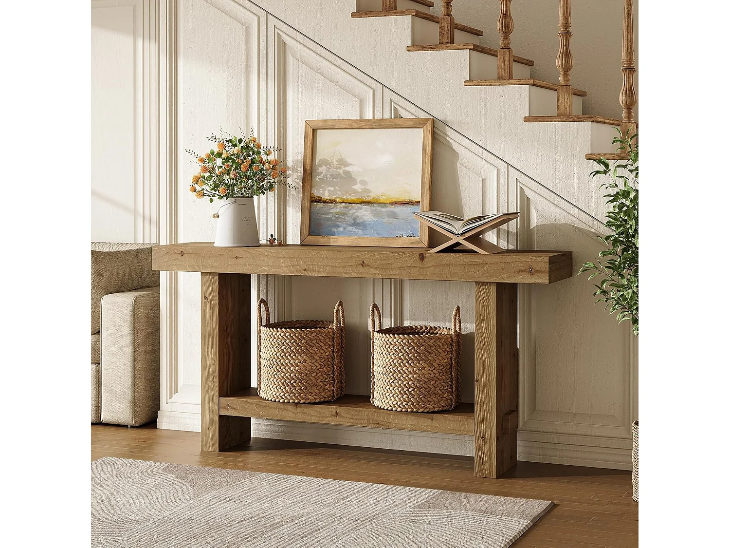 Table console en bois massif de 160 cm, table d'entrée étroite à 2 niveaux pour couloir, entrée