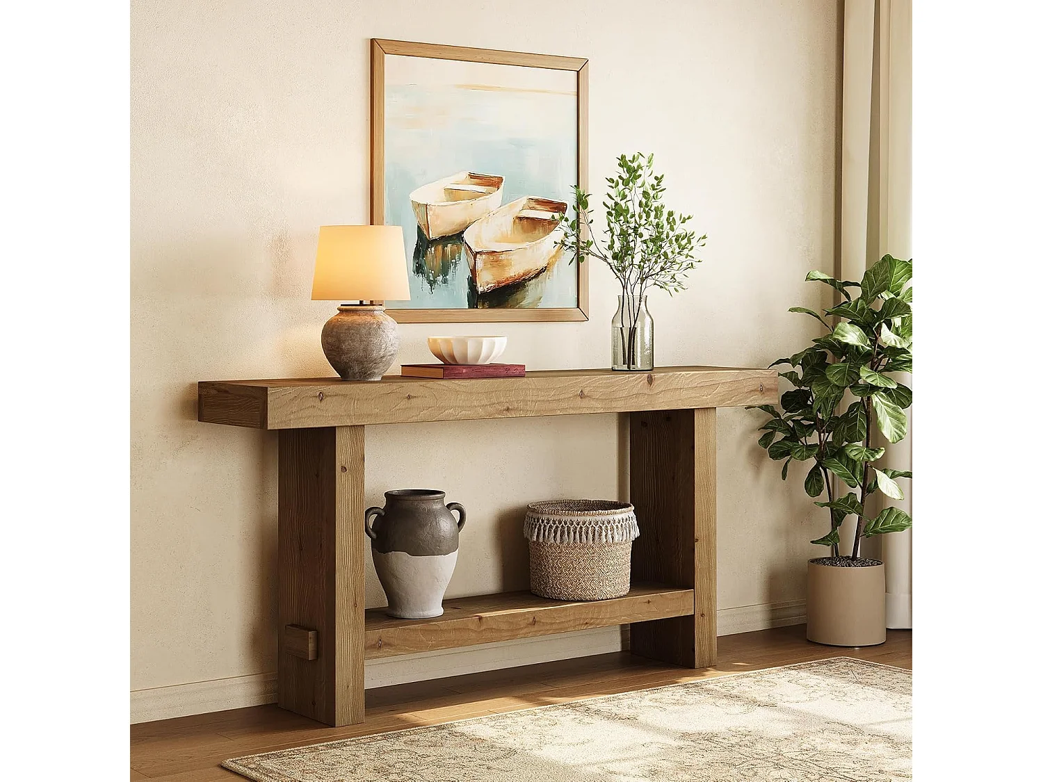 Table console en bois massif de 160 cm, table d'entrée étroite à 2 niveaux pour couloir, entrée