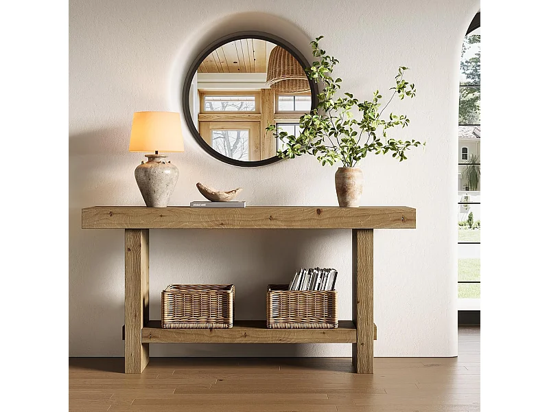 Table console en bois massif de 160 cm, table d'entrée étroite à 2 niveaux pour couloir, entrée