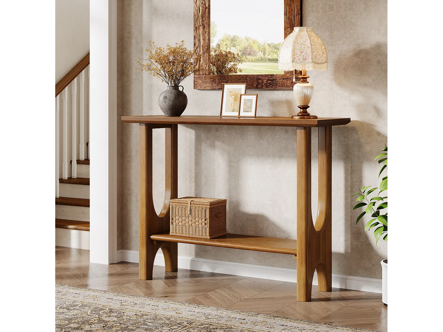 105 cm Eingangstisch mit Stauraum, moderner 2-stufiger Konsoleintisch mit Massivholzbeinen für Wohnzimmer und Flur