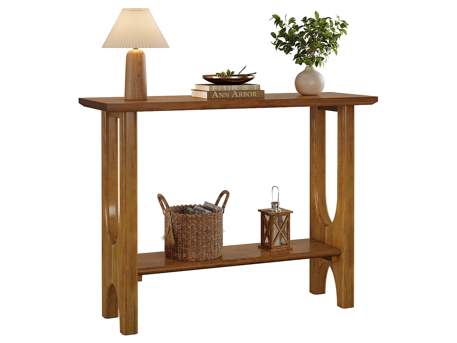 Table d'entrée de 105 cm avec espace de rangement, console moderne à 2 niveaux avec pieds en bois massif pour salon, couloir