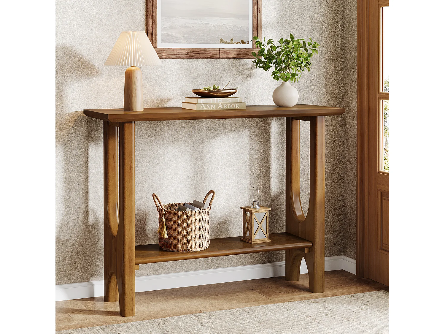 Table d'entrée de 105 cm avec espace de rangement, console moderne à 2 niveaux avec pieds en bois massif pour salon, couloir