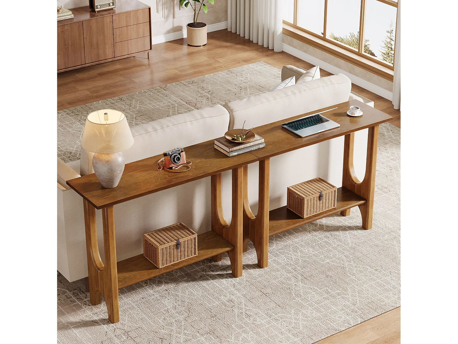 Table d'entrée de 105 cm avec espace de rangement, console moderne à 2 niveaux avec pieds en bois massif pour salon, couloir