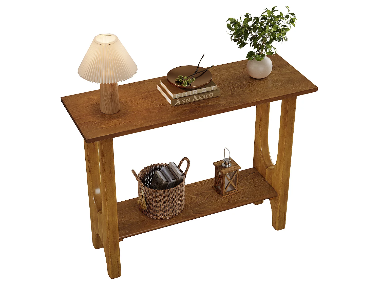 Table d'entrée de 105 cm avec espace de rangement, console moderne à 2 niveaux avec pieds en bois massif pour salon, couloir