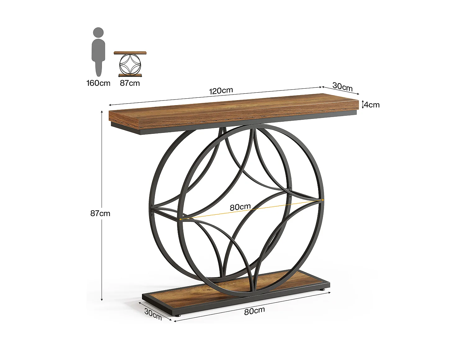 Consoletafel van 120 cm, industriële salontafel met twee lagen en geometrisch metalen frame, smalle accenttafels voor in de hal